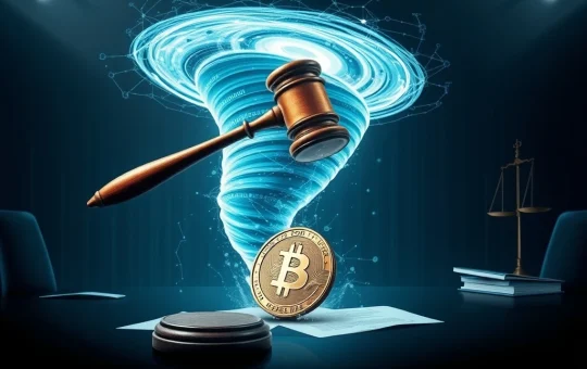 A gavel hitting a crypto coin, symbolizing the DOJ's probe into Dragonfly Capital's Tornado Cash investment and its implications for crypto investor liability.