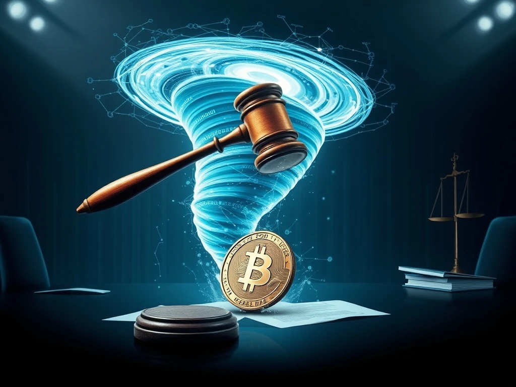 A gavel hitting a crypto coin, symbolizing the DOJ's probe into Dragonfly Capital's Tornado Cash investment and its implications for crypto investor liability.
