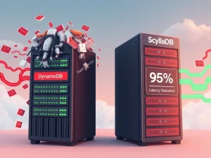 Teams migrating from a struggling DynamoDB database to a high-performing ScyllaDB solution, symbolizing improved NoSQL performance and cost efficiency.