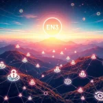 ENS logo soaring amidst blockchain network, representing its explosive growth and pivotal role in decentralized identity.