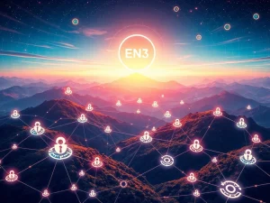 ENS logo soaring amidst blockchain network, representing its explosive growth and pivotal role in decentralized identity.