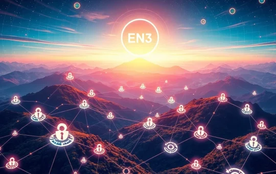 ENS logo soaring amidst blockchain network, representing its explosive growth and pivotal role in decentralized identity.