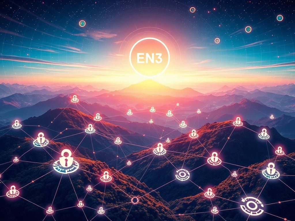ENS logo soaring amidst blockchain network, representing its explosive growth and pivotal role in decentralized identity.