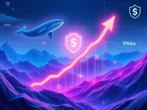 Ethena ENA token rising on a chart, surrounded by abstract representations of whales and AI circuits, symbolizing its surge driven by whale accumulation and AI trading.