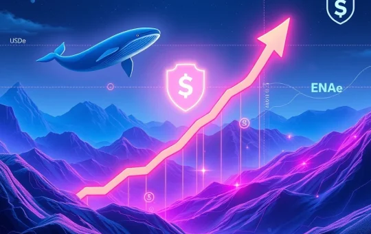 Ethena ENA token rising on a chart, surrounded by abstract representations of whales and AI circuits, symbolizing its surge driven by whale accumulation and AI trading.