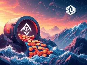 Ethena (ENA) and Sui (SUI) tokens being released into a dynamic crypto market, illustrating the impact of upcoming Ethena unlock events.