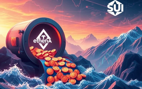 Ethena (ENA) and Sui (SUI) tokens being released into a dynamic crypto market, illustrating the impact of upcoming Ethena unlock events.