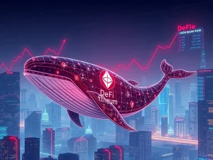 A massive digital whale pulling Ethereum tokens from a DeFi platform, symbolizing the recent Aave withdrawal that impacted Ethereum borrowing rates.