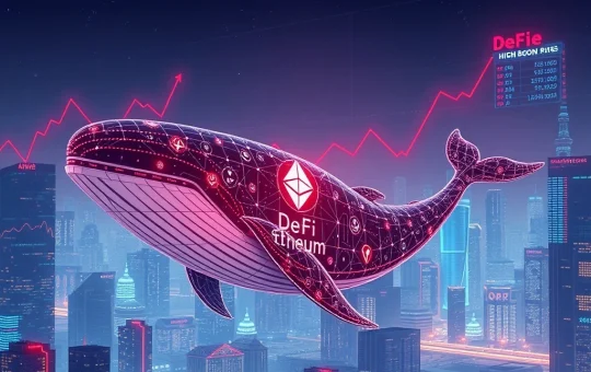 A massive digital whale pulling Ethereum tokens from a DeFi platform, symbolizing the recent Aave withdrawal that impacted Ethereum borrowing rates.