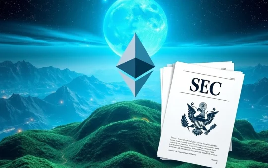 SEC delays Ethereum ETF staking decision with regulatory documents and crypto symbols