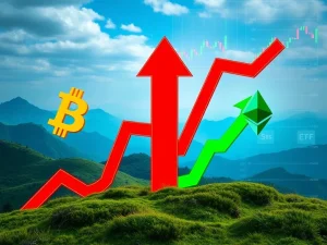 A chart showing an Ethereum ETF surging while Bitcoin's price dips, reflecting significant market liquidations and shifts in altcoin activity.
