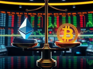 A visual representation of Ethereum ETFs triumphantly outperforming Bitcoin ETFs in institutional investment, symbolizing a monumental shift in crypto inflows.