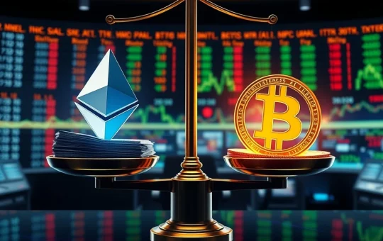 A visual representation of Ethereum ETFs triumphantly outperforming Bitcoin ETFs in institutional investment, symbolizing a monumental shift in crypto inflows.