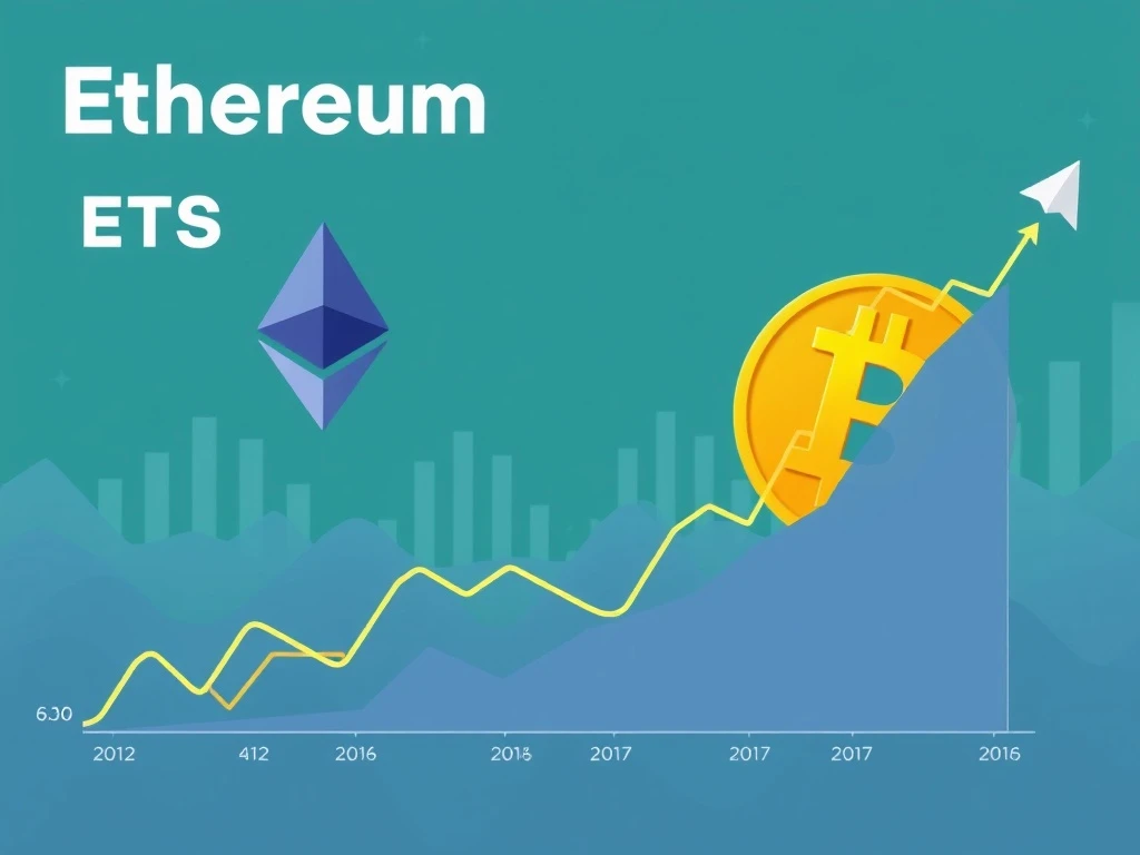 Charts and graphs depicting the rapid surge of Ethereum ETFs, highlighting their $4 billion inflows and growing market share against Bitcoin.