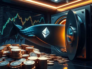 Digital representation of a large financial entity strategically accumulating Ethereum (ETH) tokens, symbolizing significant institutional investment and market strategy.