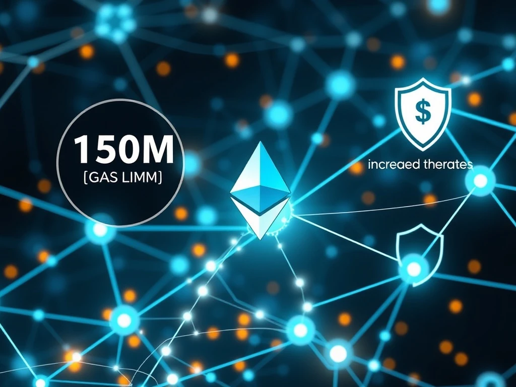 A digital representation of the Ethereum Fusaka Fork, illustrating enhanced scalability and security with increased data flow and protective measures.