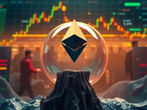 A volatile market chart forming a bubble around the Ethereum logo, symbolizing the speculative risks in Ethereum futures.