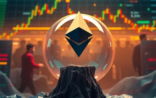 A volatile market chart forming a bubble around the Ethereum logo, symbolizing the speculative risks in Ethereum futures.