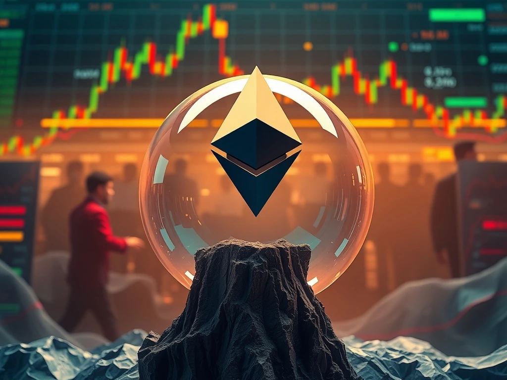 A volatile market chart forming a bubble around the Ethereum logo, symbolizing the speculative risks in Ethereum futures.