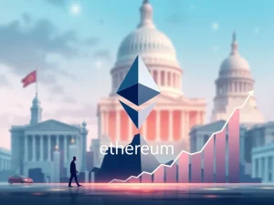 A digital chart showing a significant rise in Ethereum price, with a corporate building in the background representing the institutional growth of ETH holdings.