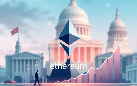 A digital chart showing a significant rise in Ethereum price, with a corporate building in the background representing the institutional growth of ETH holdings.