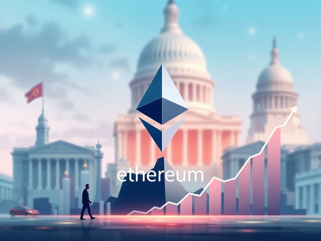 A digital chart showing a significant rise in Ethereum price, with a corporate building in the background representing the institutional growth of ETH holdings.