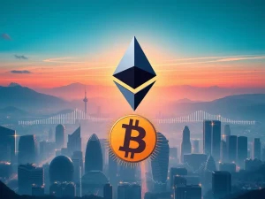 A dynamic visual representing Ethereum's surge in value and institutional adoption, contrasting with a shift in Bitcoin dominance.