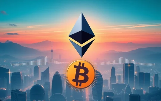 A dynamic visual representing Ethereum's surge in value and institutional adoption, contrasting with a shift in Bitcoin dominance.