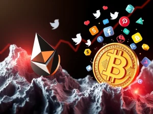 A chart showing Ethereum's impressive ETH/BTC surge, with indicators of a potential crypto market correction due to social metrics.