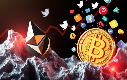 A chart showing Ethereum's impressive ETH/BTC surge, with indicators of a potential crypto market correction due to social metrics.