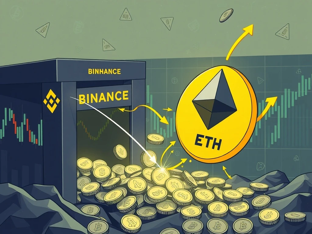 Visualizing a significant Ethereum (ETH) withdrawal from Binance by Justin Sun, impacting crypto market liquidity.