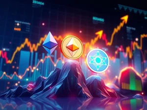 A visual representation of the Ethereum news, showing crypto market growth with ETH, DOT, and BDAG symbols on an upward trend.