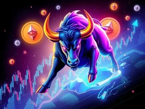 Ethereum news featuring MoonBull and trending meme coins in a dynamic market scene