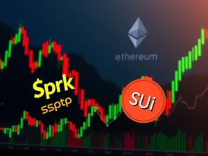A visual representation of crypto market volatility, featuring the impact of Sui ETF speculation and token unlocks on the Ethereum and altcoin market dynamics.