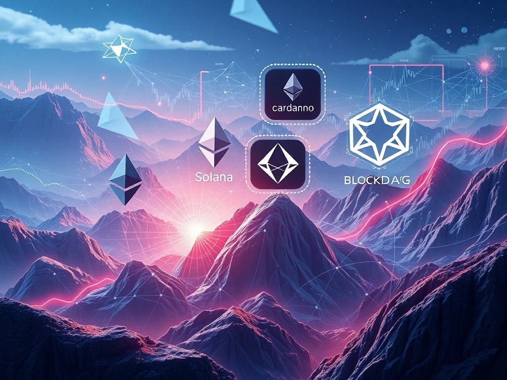 Visualizing the recent Ethereum News Today and the explosive growth of leading altcoins like Solana, Cardano, and BlockDAG in the crypto market.