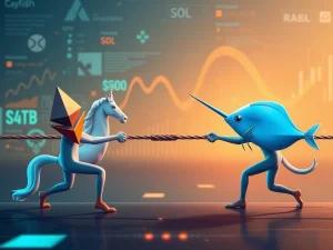 A digital depiction of the competitive landscape in decentralized finance, showing Ethereum News' Uniswap v4 vying with Solana's DeFi ecosystem for market leadership.