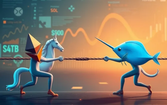 A digital depiction of the competitive landscape in decentralized finance, showing Ethereum News' Uniswap v4 vying with Solana's DeFi ecosystem for market leadership.