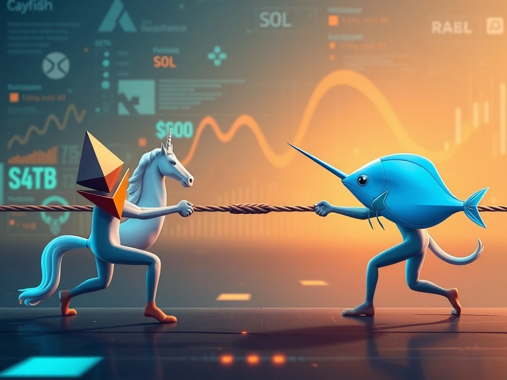 A digital depiction of the competitive landscape in decentralized finance, showing Ethereum News' Uniswap v4 vying with Solana's DeFi ecosystem for market leadership.