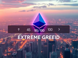 A digital representation of Ethereum's price surging amidst 'extreme greed' sentiment, highlighting potential market correction risks for ETH.