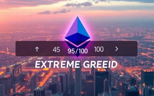 A digital representation of Ethereum's price surging amidst 'extreme greed' sentiment, highlighting potential market correction risks for ETH.