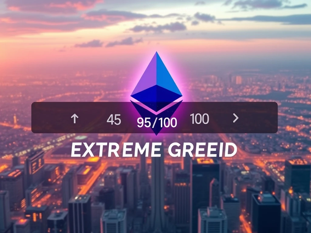 A digital representation of Ethereum's price surging amidst 'extreme greed' sentiment, highlighting potential market correction risks for ETH.