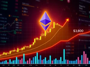 Ethereum price chart showing ETH approaching $3,800 resistance with surging trading volume, indicating a crucial market moment.