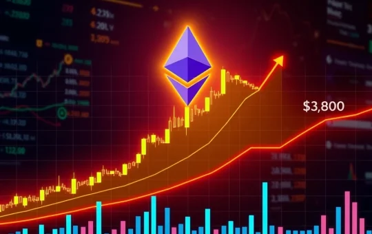 Ethereum price chart showing ETH approaching $3,800 resistance with surging trading volume, indicating a crucial market moment.