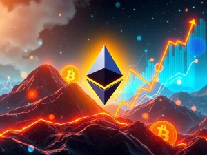A visual representation of Ethereum price surging, with charts indicating significant ETH ETF inflows and outperformance against Bitcoin.