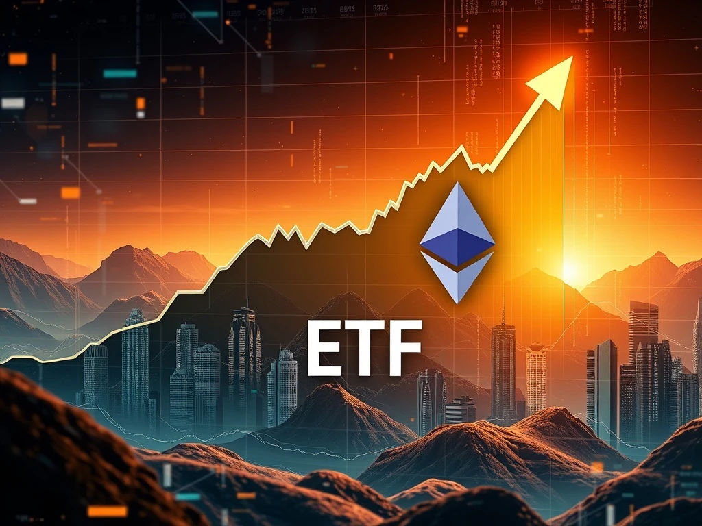 A visual representation of Ethereum price surging, with charts indicating significant ETH ETF inflows and outperformance against Bitcoin.