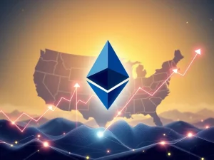 A digital visualization showing massive Ethereum Staking growth on P2P.org, with ETH symbols and upward trends.