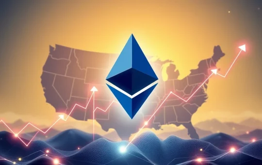 A digital visualization showing massive Ethereum Staking growth on P2P.org, with ETH symbols and upward trends.