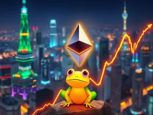 An illustration of an Ethereum logo glowing, symbolizing the Ethereum surge and its impact on crypto market appetite, with Pepeto tokens in the foreground.