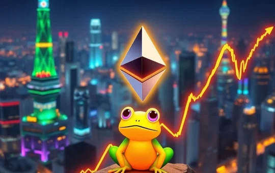 An illustration of an Ethereum logo glowing, symbolizing the Ethereum surge and its impact on crypto market appetite, with Pepeto tokens in the foreground.