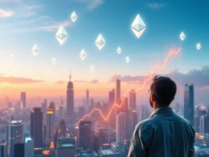 An upward-trending chart with Ethereum symbols, illustrating the astonishing wealth potential of Ethereum investment in the digital asset market.